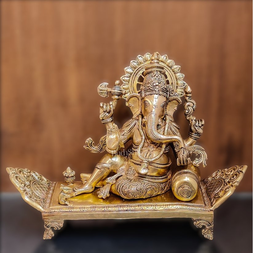Handcrafted Brass Superfine Ganesha Statue on Diwan - 13" Height