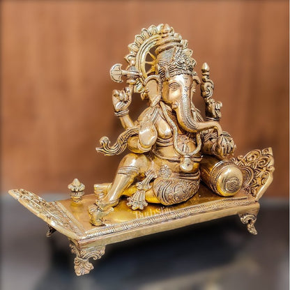Handcrafted Brass Superfine Ganesha Statue on Diwan - 13" Height