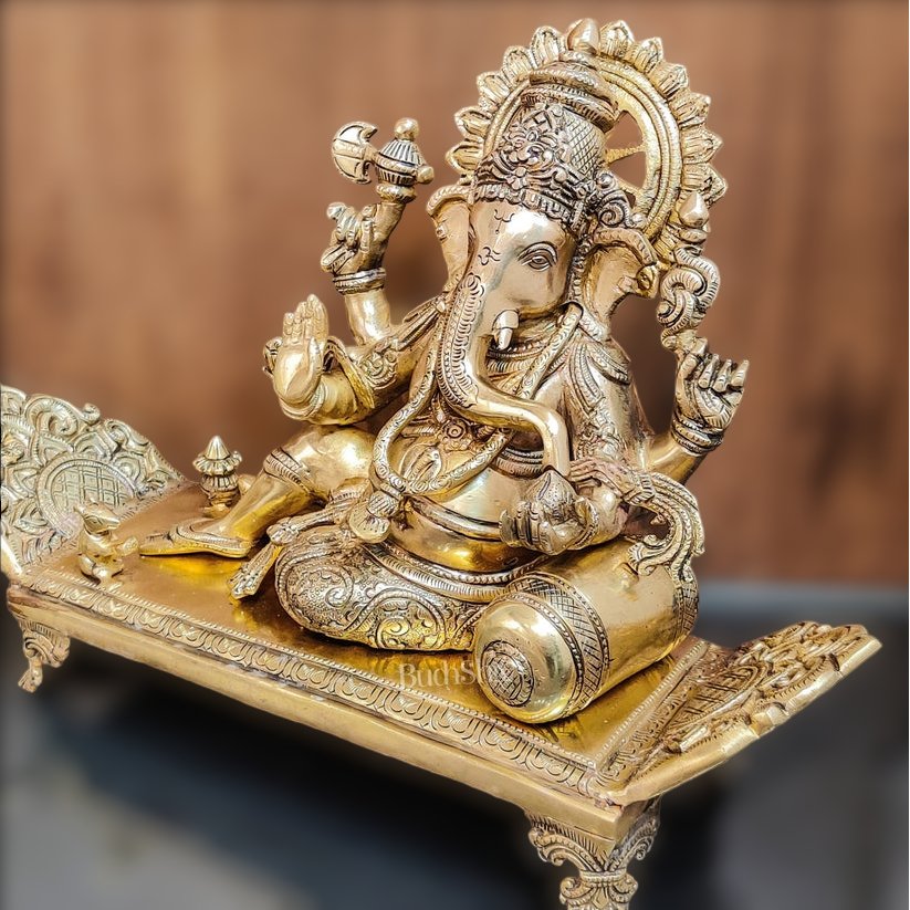 Handcrafted Brass Superfine Ganesha Statue on Diwan - 13" Height