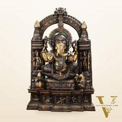 Handcrafted Brass Temple Ganesha Sculpture with Lakshmi and Saraswati | 33" Height