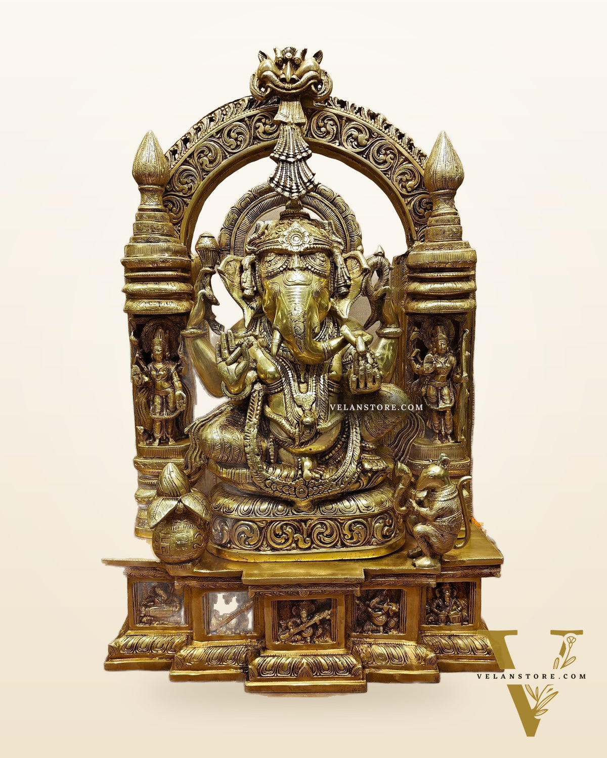 Handcrafted Brass Temple Ganesha Sculpture with Lakshmi and Saraswati | 33" Height