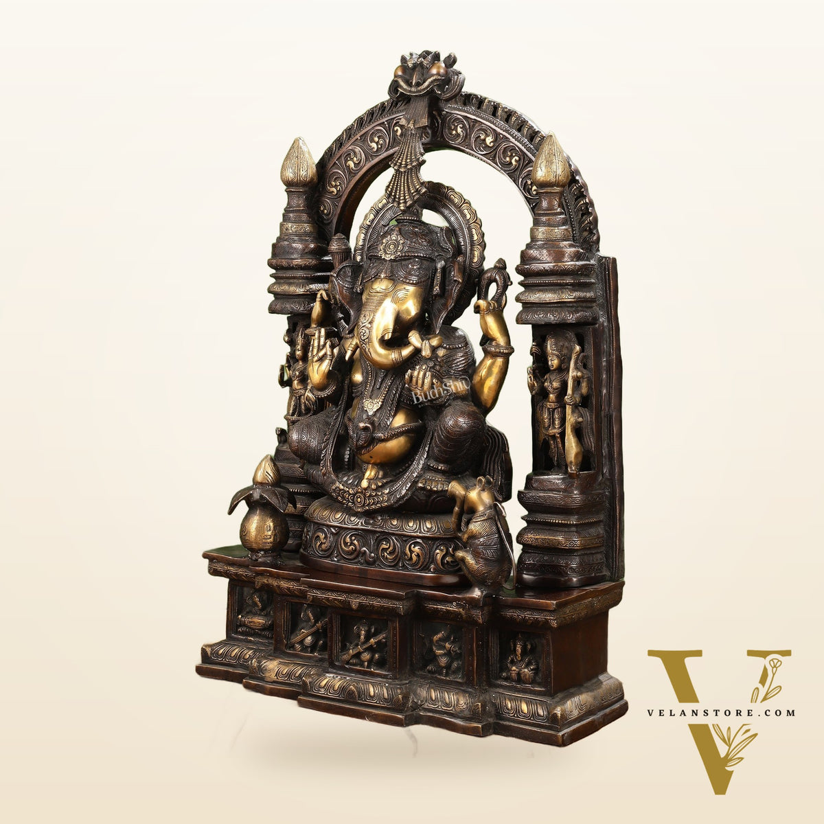 Handcrafted Brass Temple Ganesha Sculpture with Lakshmi and Saraswati | 33" Height