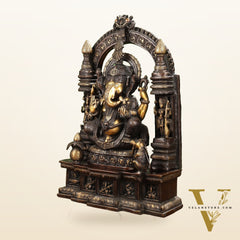 Handcrafted Brass Temple Ganesha Sculpture with Lakshmi and Saraswati | 33" Height