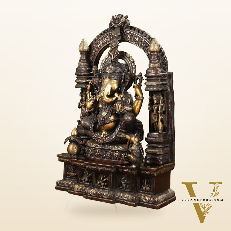 Handcrafted Brass Temple Ganesha Sculpture with Lakshmi and Saraswati | 33" Height