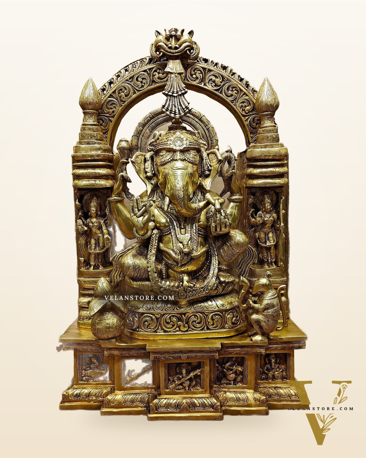 Handcrafted Brass Temple Ganesha Sculpture with Lakshmi and Saraswati | 33" Height