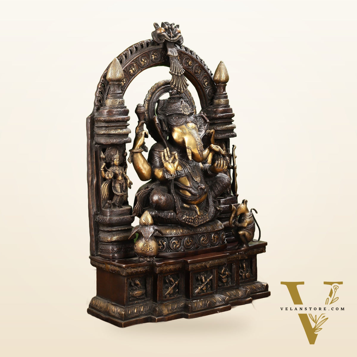 Handcrafted Brass Temple Ganesha Sculpture with Lakshmi and Saraswati | 33" Height