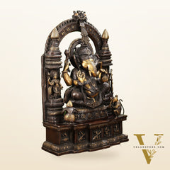 Handcrafted Brass Temple Ganesha Sculpture with Lakshmi and Saraswati | 33" Height