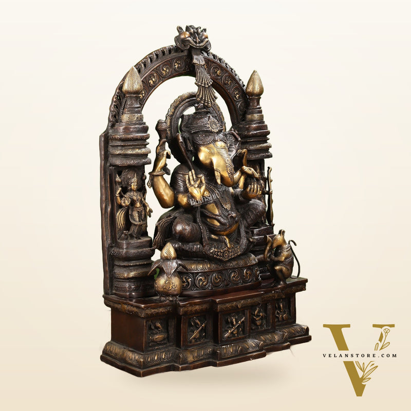 Handcrafted Brass Temple Ganesha Sculpture with Lakshmi and Saraswati | 33" Height