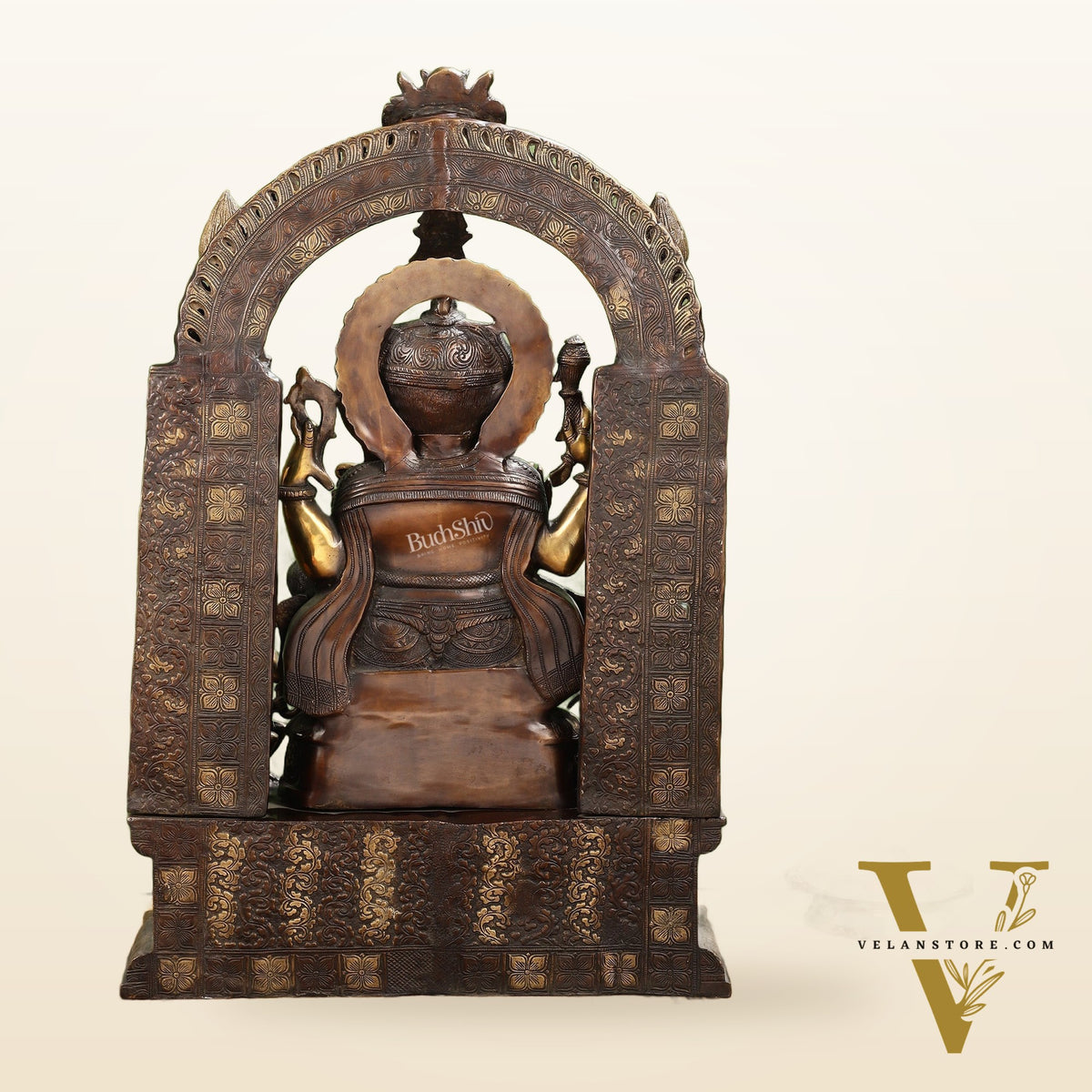 Handcrafted Brass Temple Ganesha Sculpture with Lakshmi and Saraswati | 33" Height