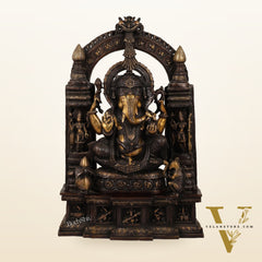Handcrafted Brass Temple Ganesha Sculpture with Lakshmi and Saraswati | 33" Height