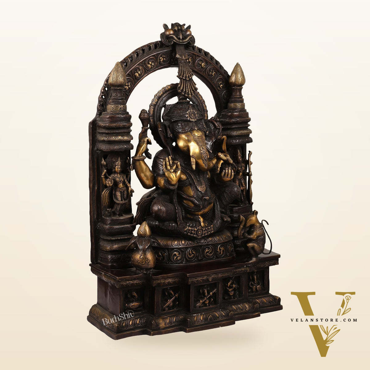 Handcrafted Brass Temple Ganesha Sculpture with Lakshmi and Saraswati | 33" Height