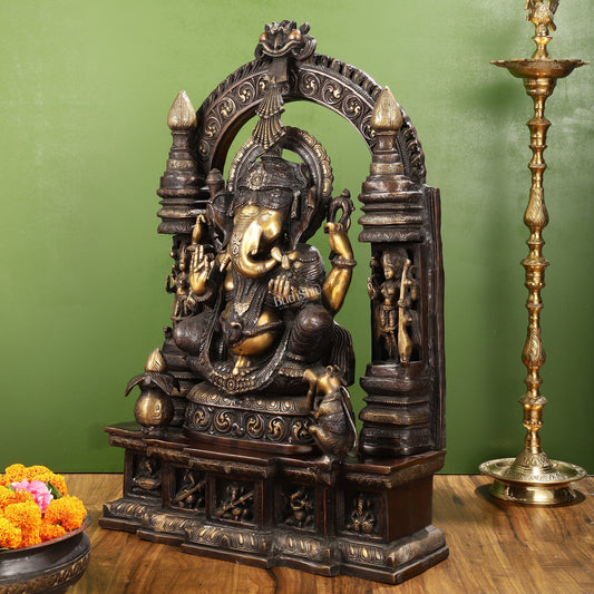 Handcrafted Brass Temple Ganesha Sculpture with Lakshmi and Saraswati | 33" Height