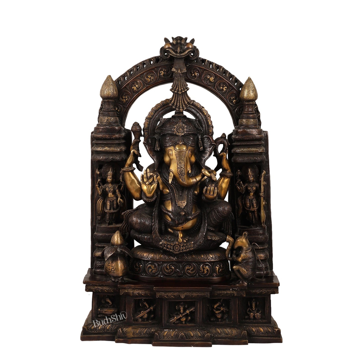 Handcrafted Brass Temple Ganesha Sculpture with Lakshmi and Saraswati | 33" Height