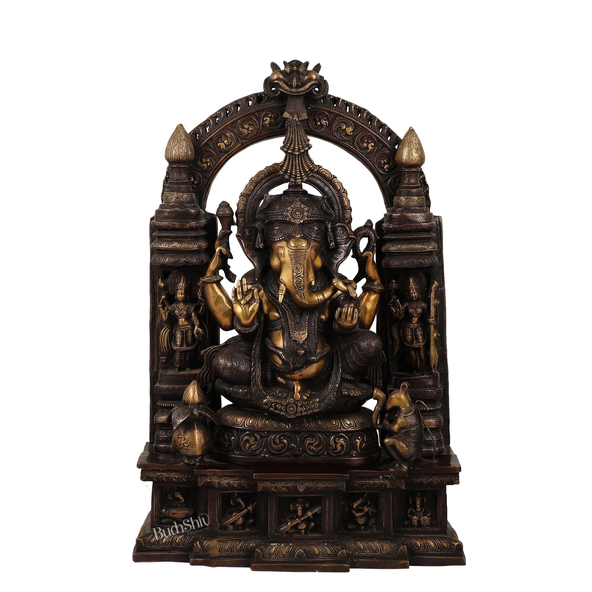 Handcrafted Brass Temple Ganesha Sculpture with Lakshmi and Saraswati | 33" Height