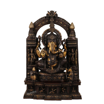 Handcrafted Brass Temple Ganesha Sculpture with Lakshmi and Saraswati | 33" Height