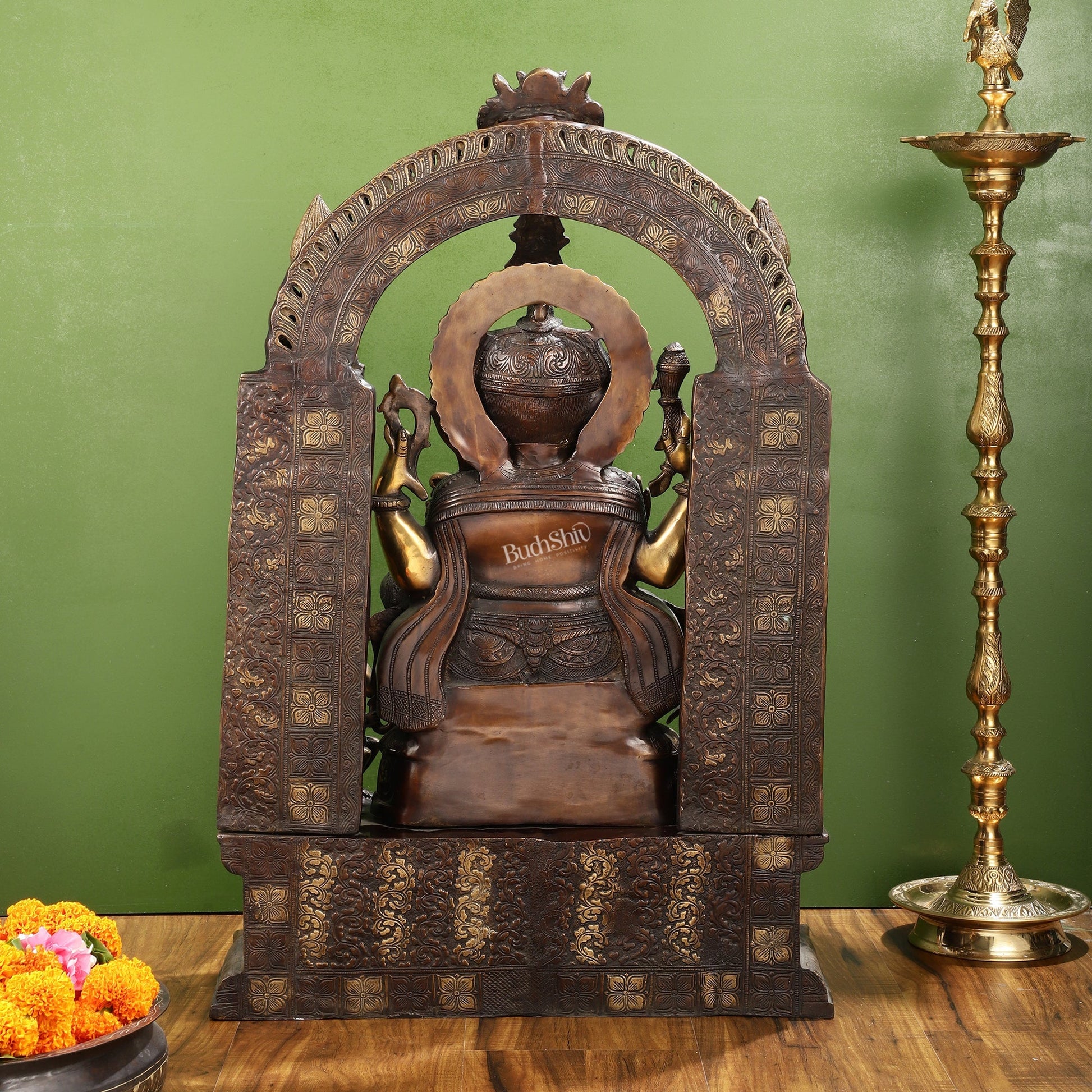 Handcrafted Brass Temple Ganesha Sculpture with Lakshmi and Saraswati | 33" Height