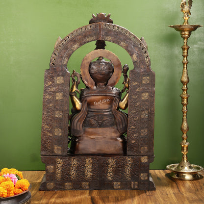 Handcrafted Brass Temple Ganesha Sculpture with Lakshmi and Saraswati | 33" Height