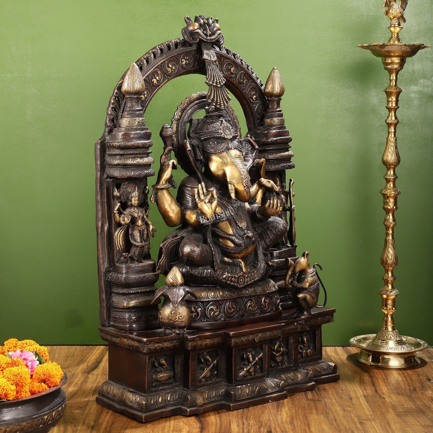 Handcrafted Brass Temple Ganesha Sculpture with Lakshmi and Saraswati | 33" Height