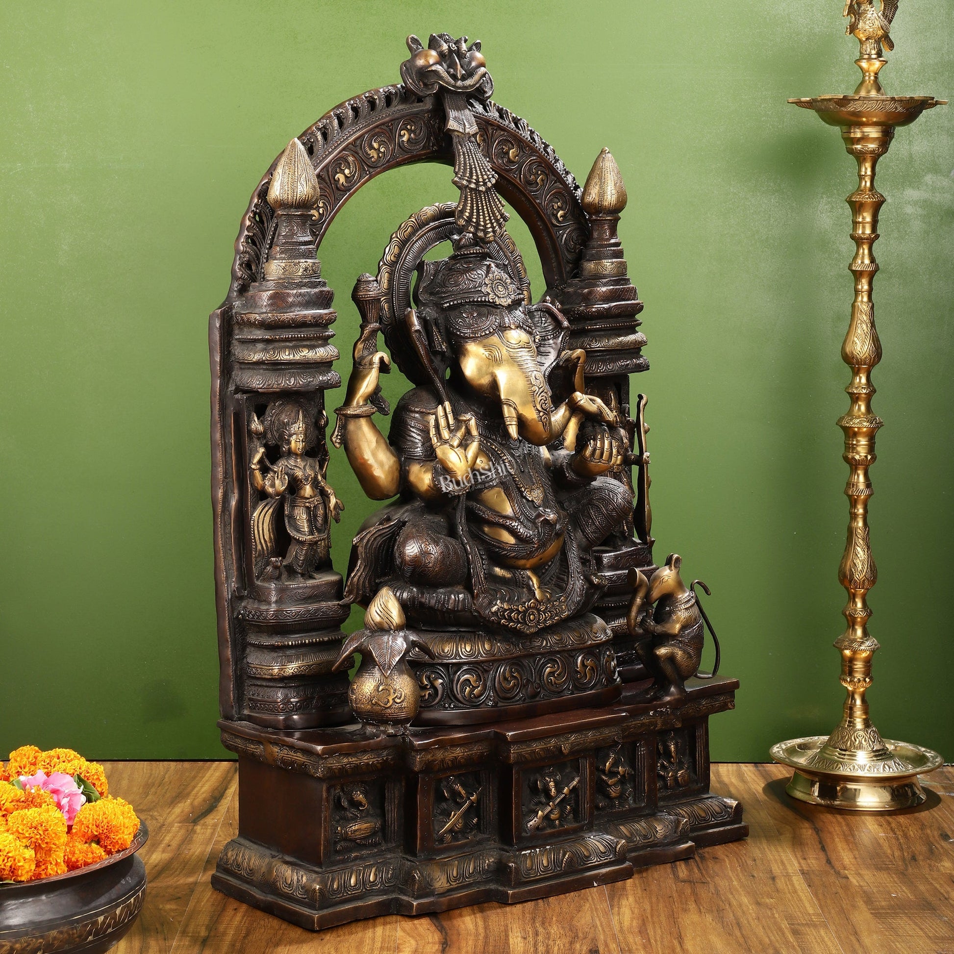 Handcrafted Brass Temple Ganesha Sculpture with Lakshmi and Saraswati | 33" Height