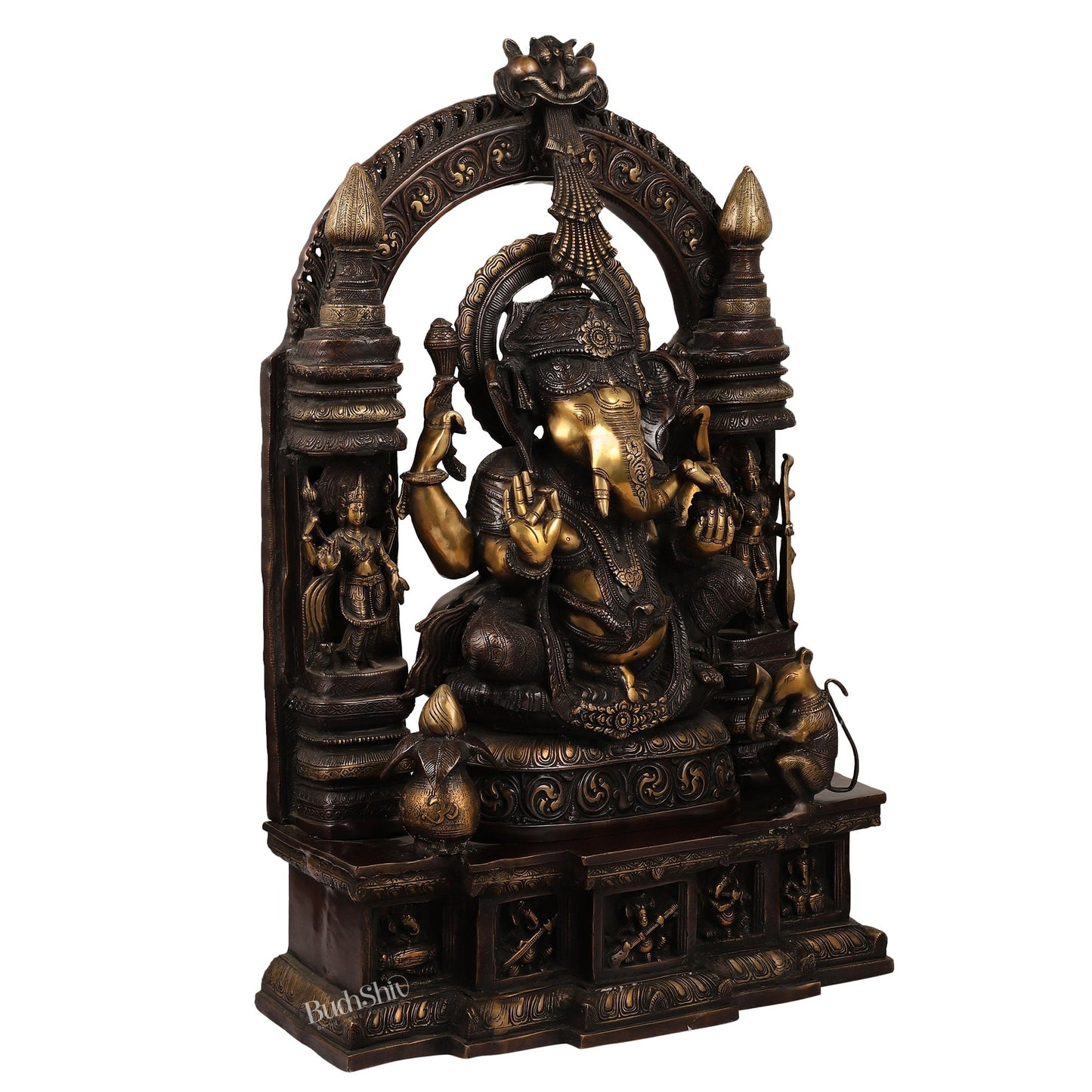 Handcrafted Brass Temple Ganesha Sculpture with Lakshmi and Saraswati | 33" Height