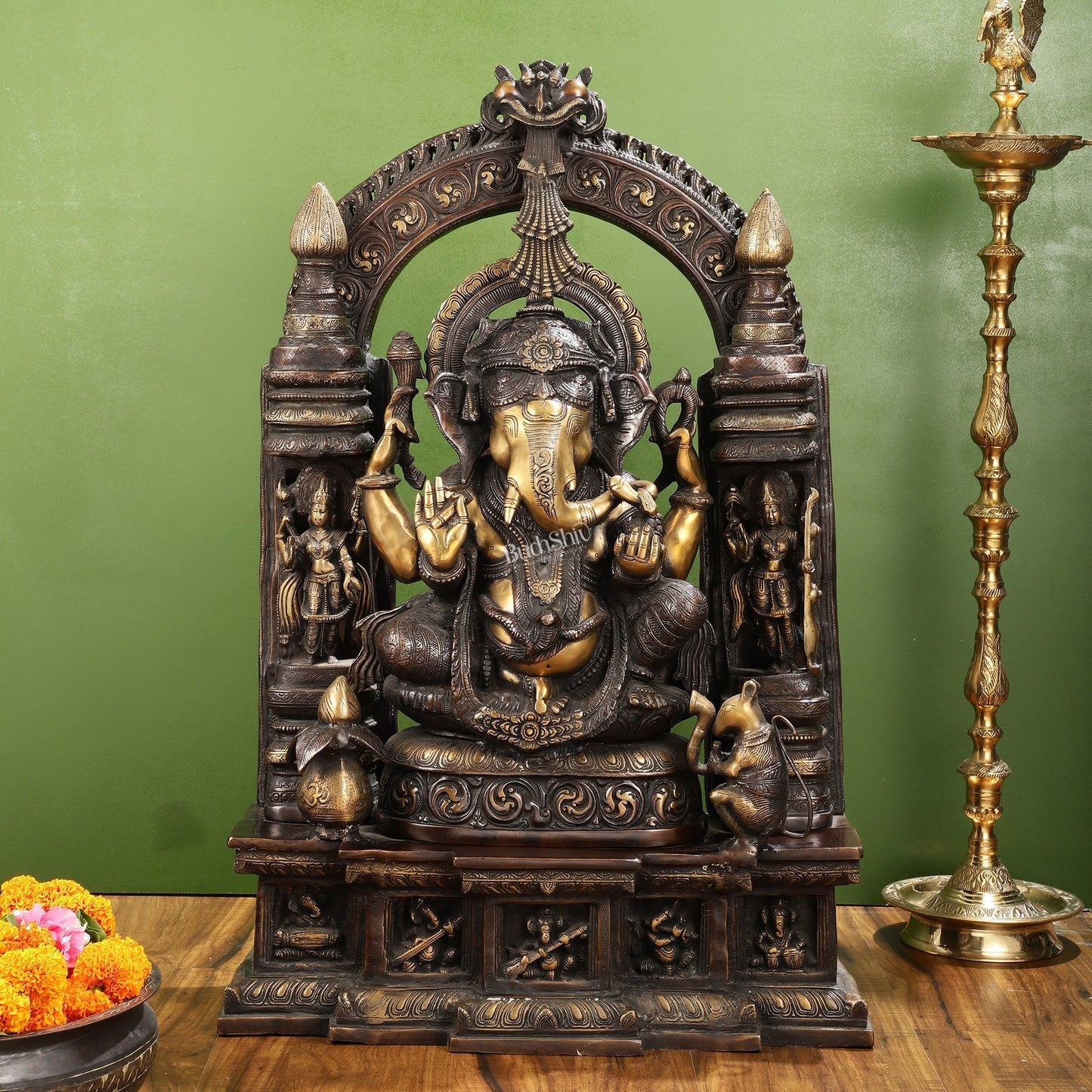 Handcrafted Brass Temple Ganesha Sculpture with Lakshmi and Saraswati | 33" Height