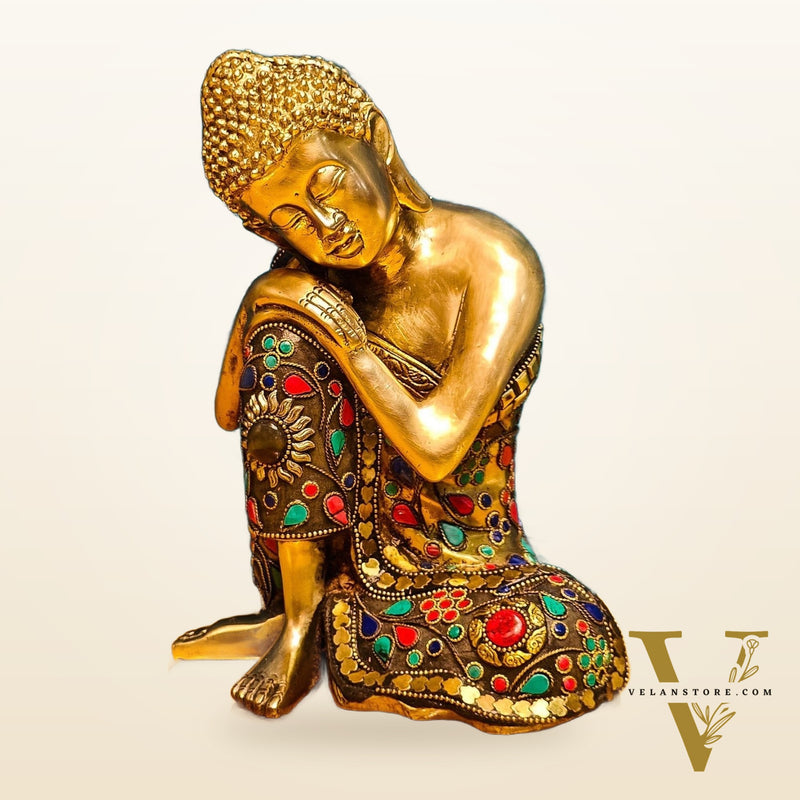 Handcrafted Brass Thinking Buddha Statue | Flora Meenakari Stonework | 9" x 6.5" x 5"