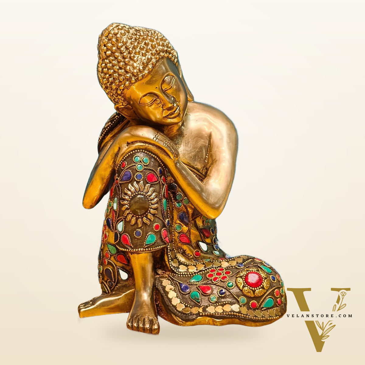 Handcrafted Brass Thinking Buddha Statue | Flora Meenakari Stonework | 9" x 6.5" x 5"