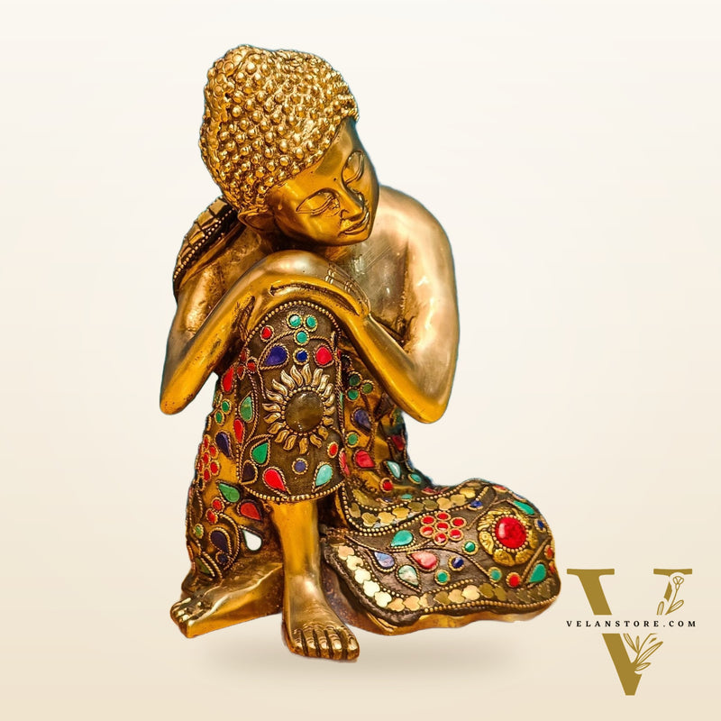 Handcrafted Brass Thinking Buddha Statue | Flora Meenakari Stonework | 9" x 6.5" x 5"