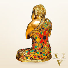 Handcrafted Brass Thinking Buddha Statue | Flora Meenakari Stonework | 9" x 6.5" x 5"