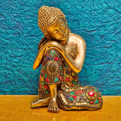 Handcrafted Brass Thinking Buddha Statue | Flora Meenakari Stonework | 9" x 6.5" x 5"