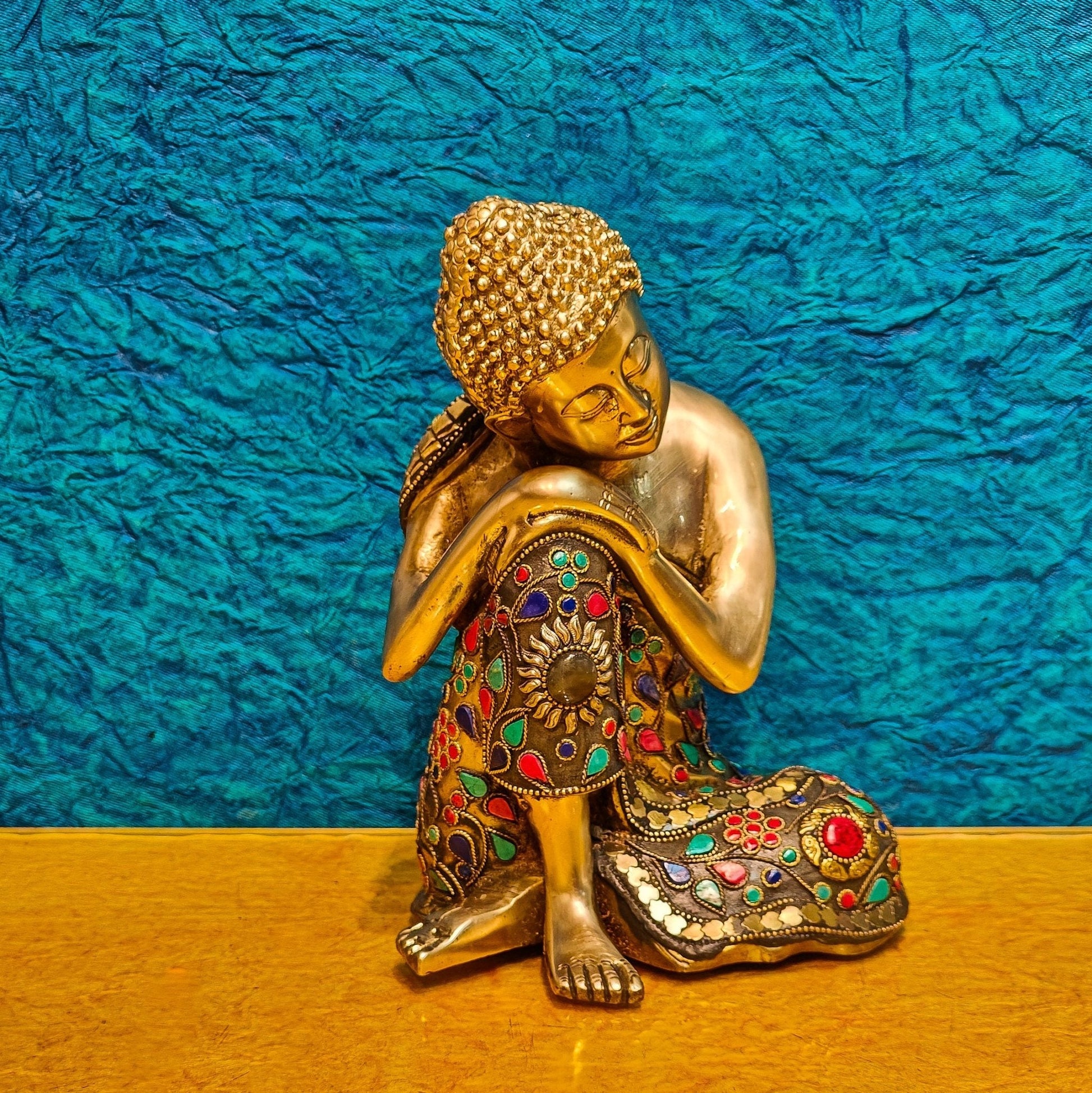 Handcrafted Brass Thinking Buddha Statue | Flora Meenakari Stonework | 9" x 6.5" x 5"