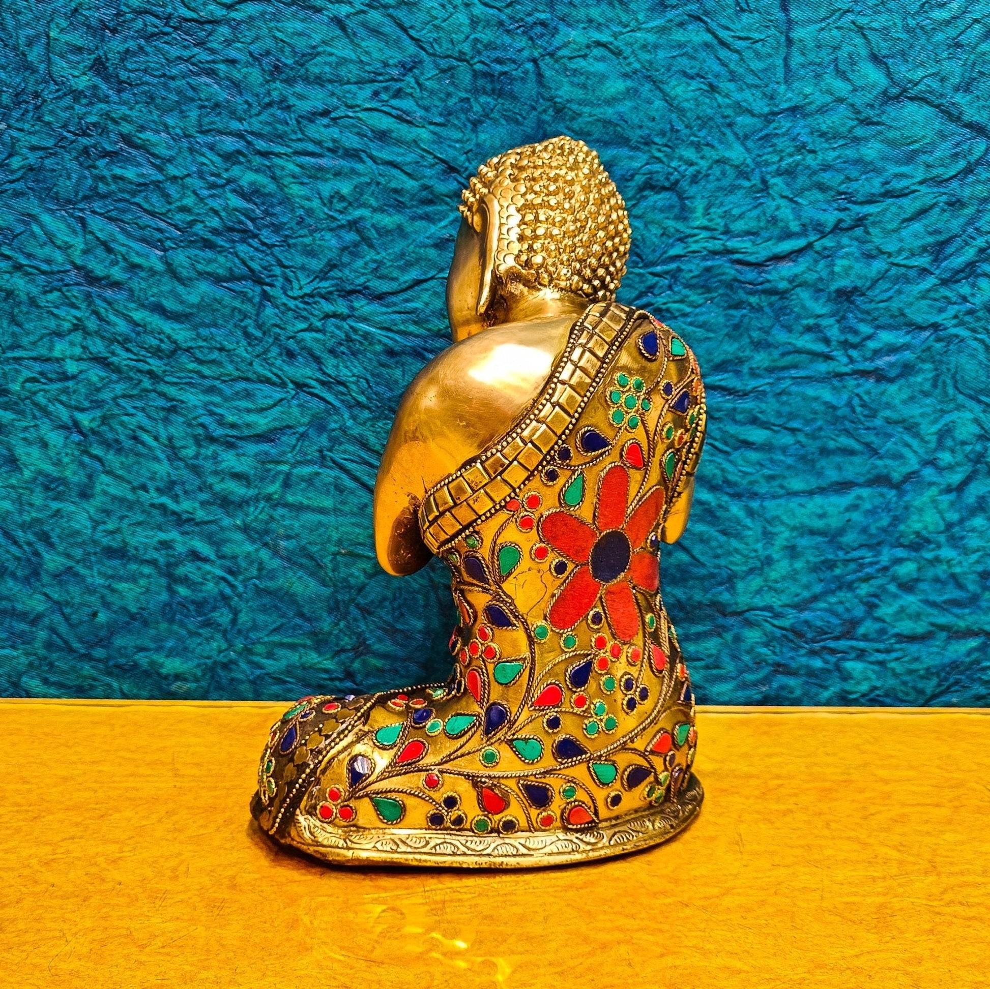 Handcrafted Brass Thinking Buddha Statue | Flora Meenakari Stonework | 9" x 6.5" x 5"