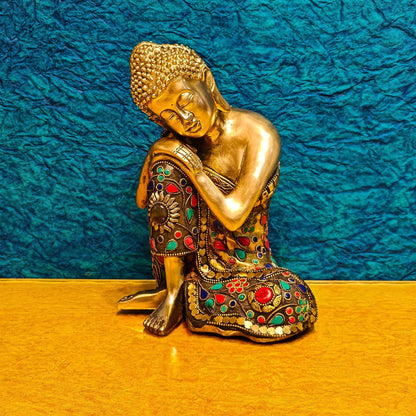 Handcrafted Brass Thinking Buddha Statue | Flora Meenakari Stonework | 9" x 6.5" x 5"