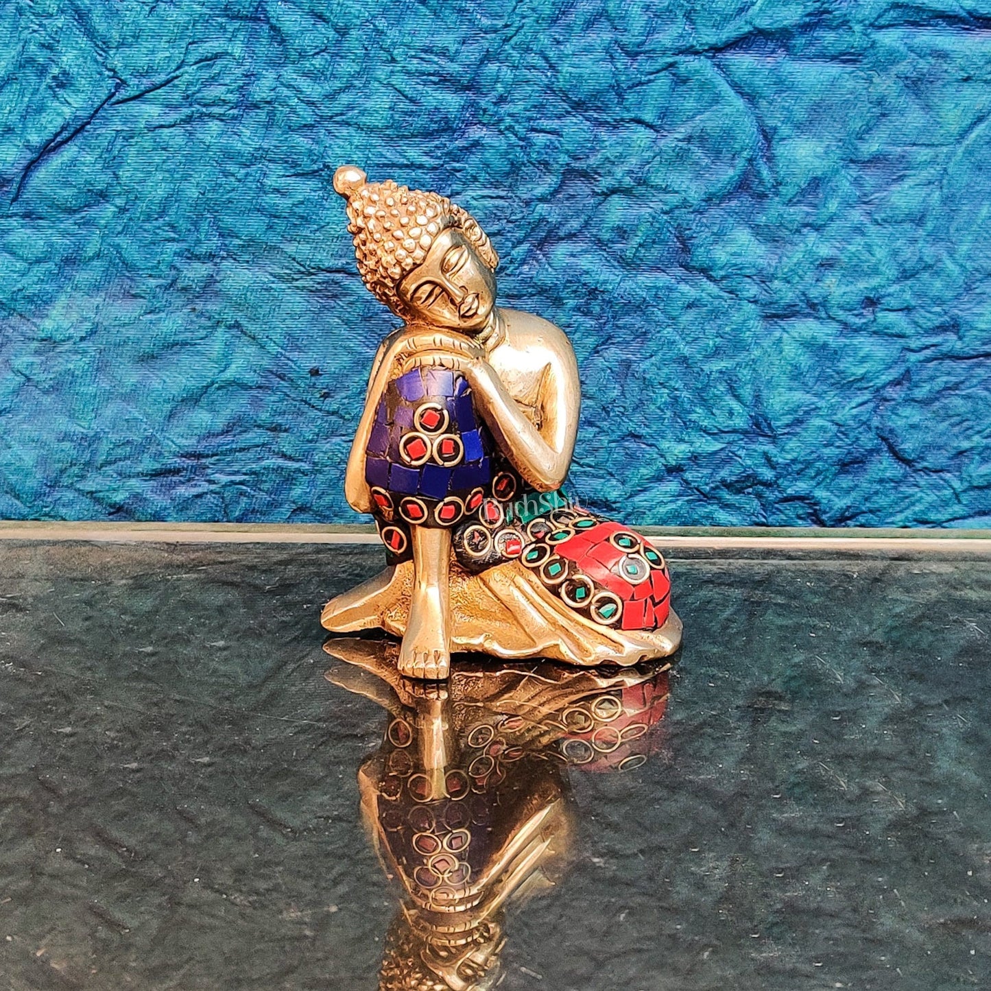 Handcrafted Brass Thinking Buddha Statue | Meenakari Stonework | 4" x 3" x 2.5