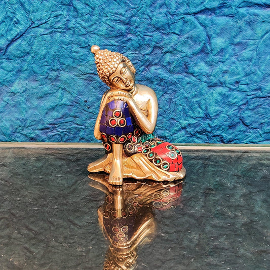 Handcrafted Brass Thinking Buddha Statue | Meenakari Stonework | 4" x 3" x 2.5