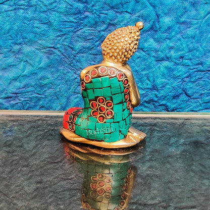 Handcrafted Brass Thinking Buddha Statue | Meenakari Stonework | 4" x 3" x 2.5