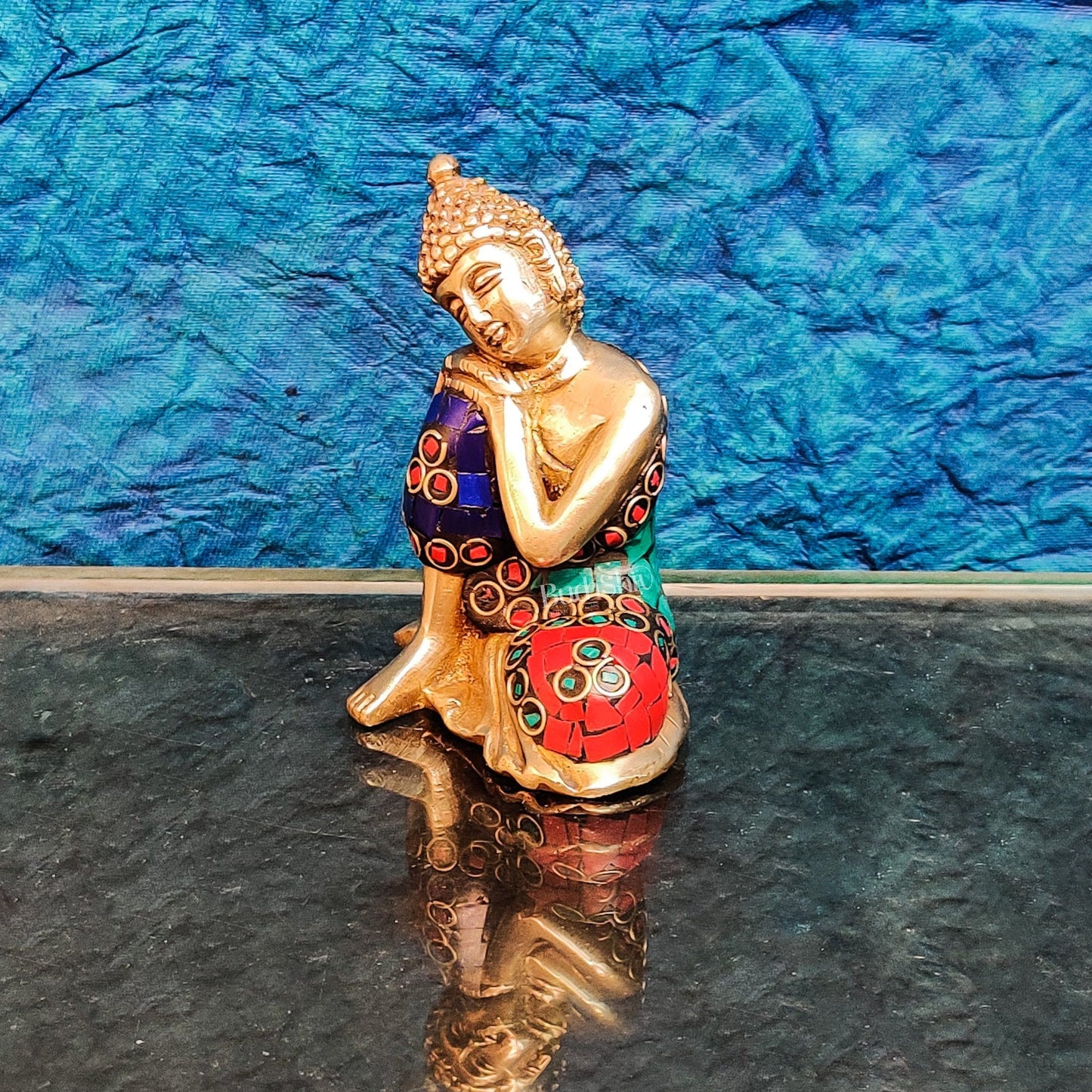 Handcrafted Brass Thinking Buddha Statue | Meenakari Stonework | 4" x 3" x 2.5