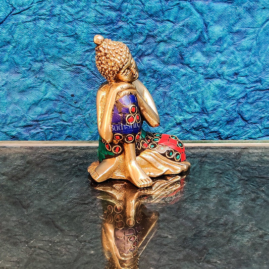 Handcrafted Brass Thinking Buddha Statue | Meenakari Stonework | 4" x 3" x 2.5
