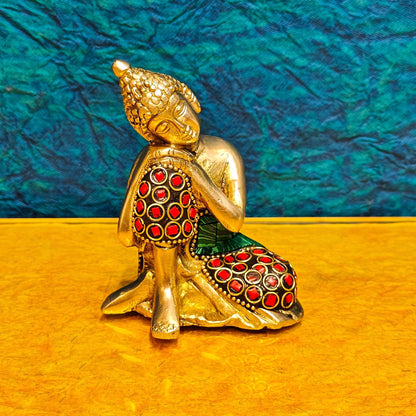 Handcrafted Brass Thinking Buddha Statue | Meenakari Stonework | 4" x 3" x 2.5"