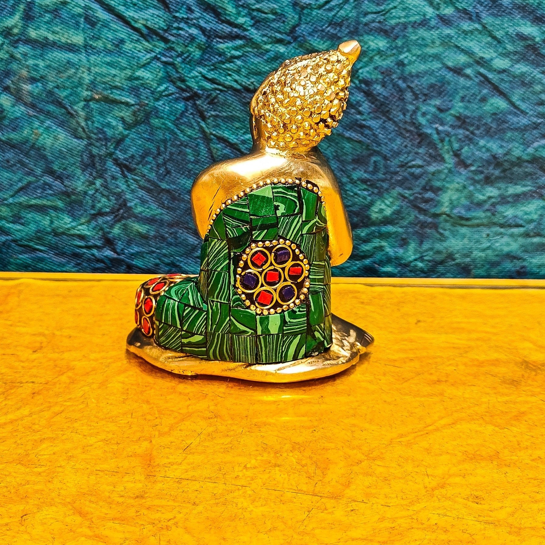 Handcrafted Brass Thinking Buddha Statue | Meenakari Stonework | 4" x 3" x 2.5"