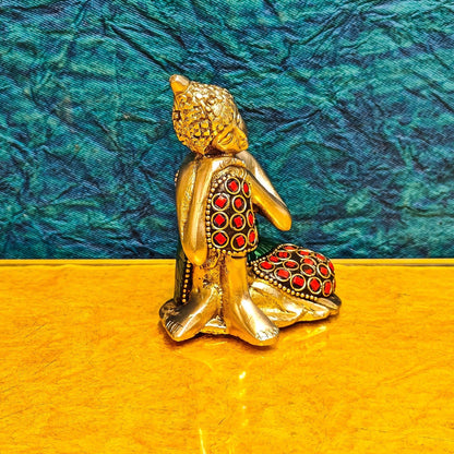 Handcrafted Brass Thinking Buddha Statue | Meenakari Stonework | 4" x 3" x 2.5"