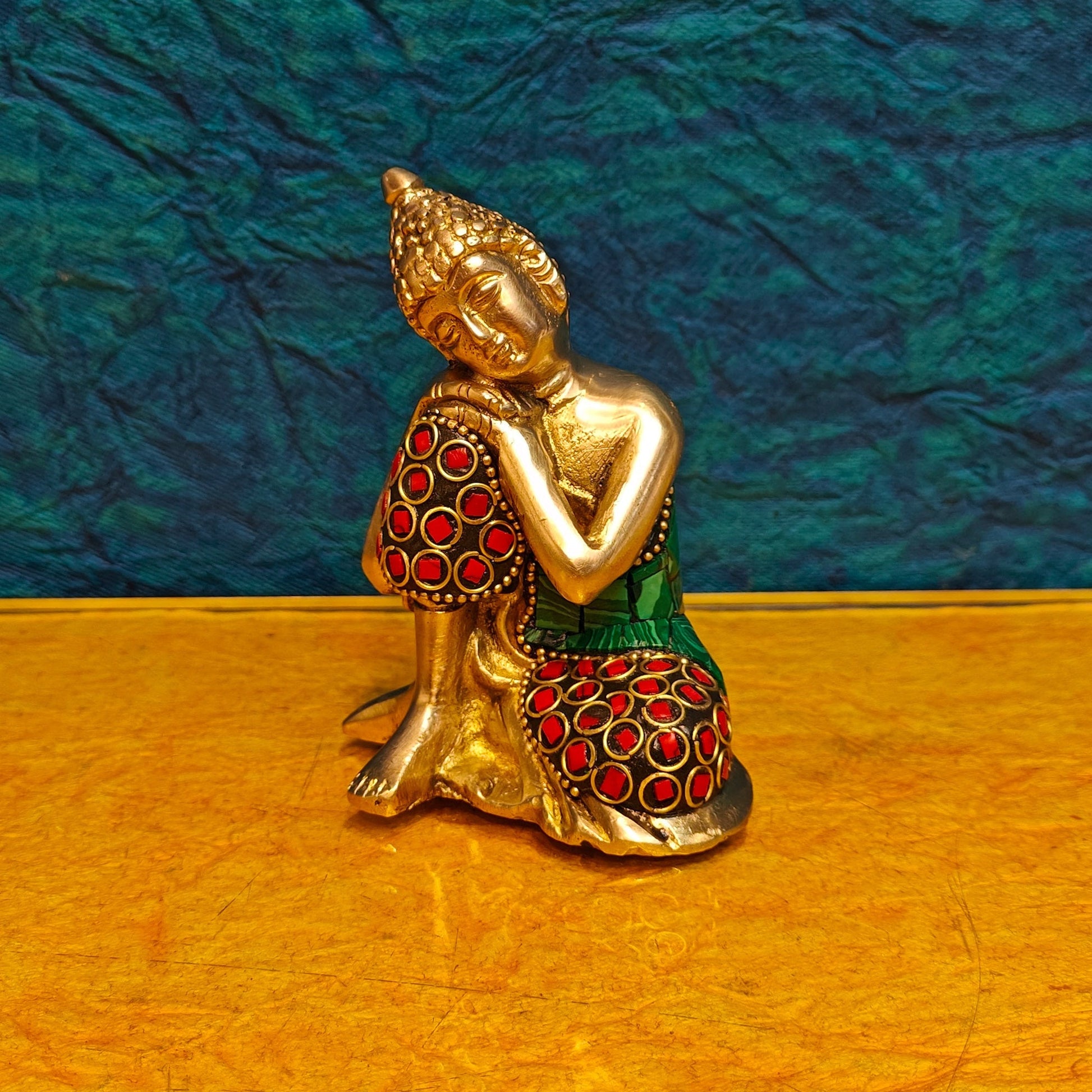 Handcrafted Brass Thinking Buddha Statue | Meenakari Stonework | 4" x 3" x 2.5"