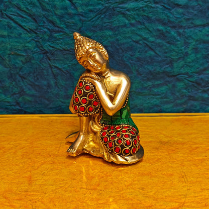Handcrafted Brass Thinking Buddha Statue | Meenakari Stonework | 4" x 3" x 2.5"