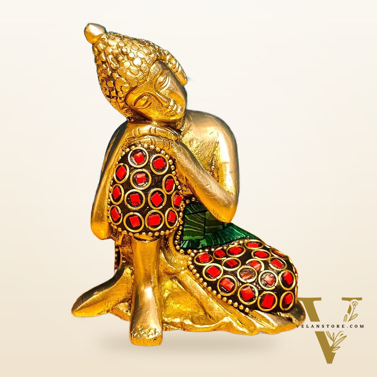 Handcrafted Brass Thinking Buddha Statue | Meenakari Stonework | 4" x 3" x 2.5"