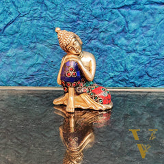 Handcrafted Brass Thinking Buddha Statue | Meenakari Stonework | 4" x 3" x 2.5