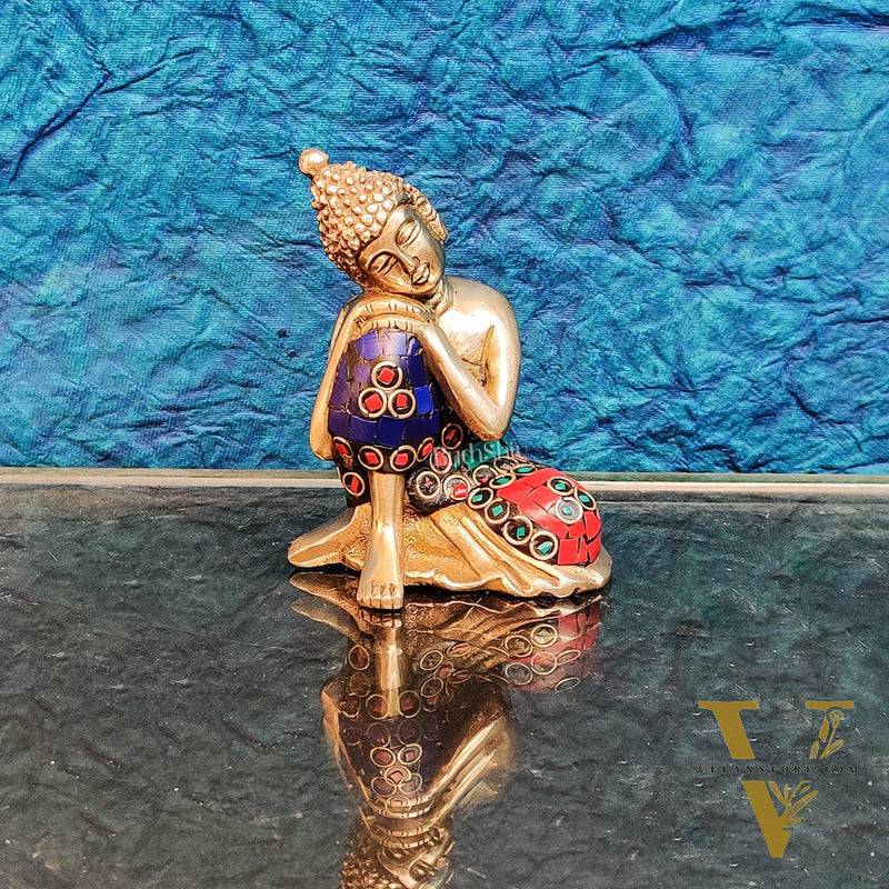 Handcrafted Brass Thinking Buddha Statue | Meenakari Stonework | 4" x 3" x 2.5