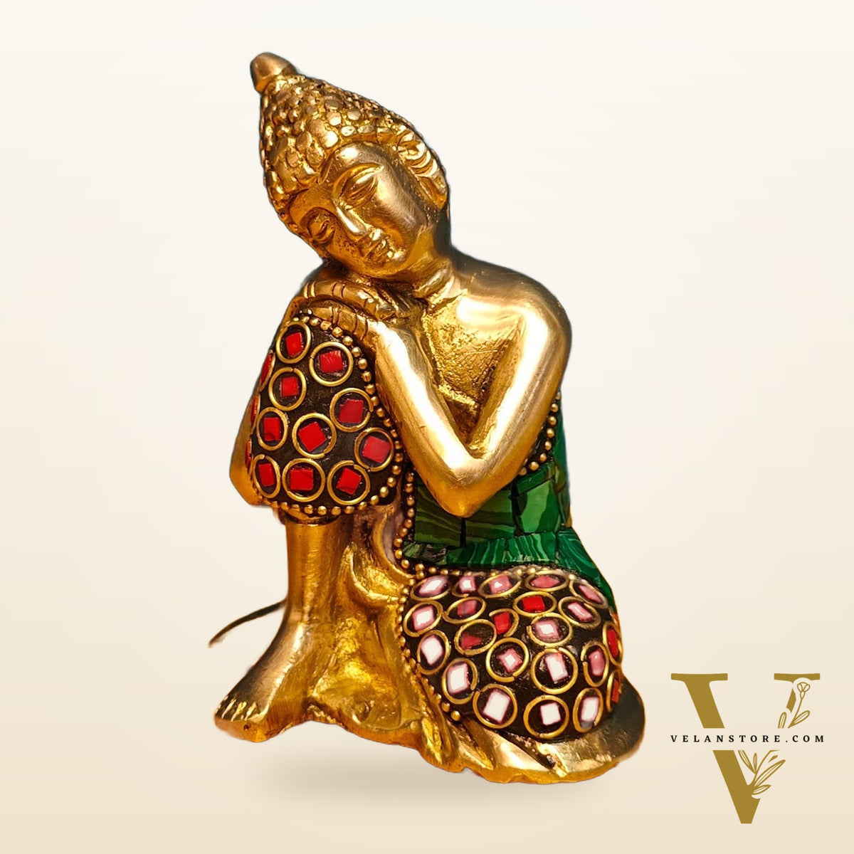 Handcrafted Brass Thinking Buddha Statue | Meenakari Stonework | 4" x 3" x 2.5"