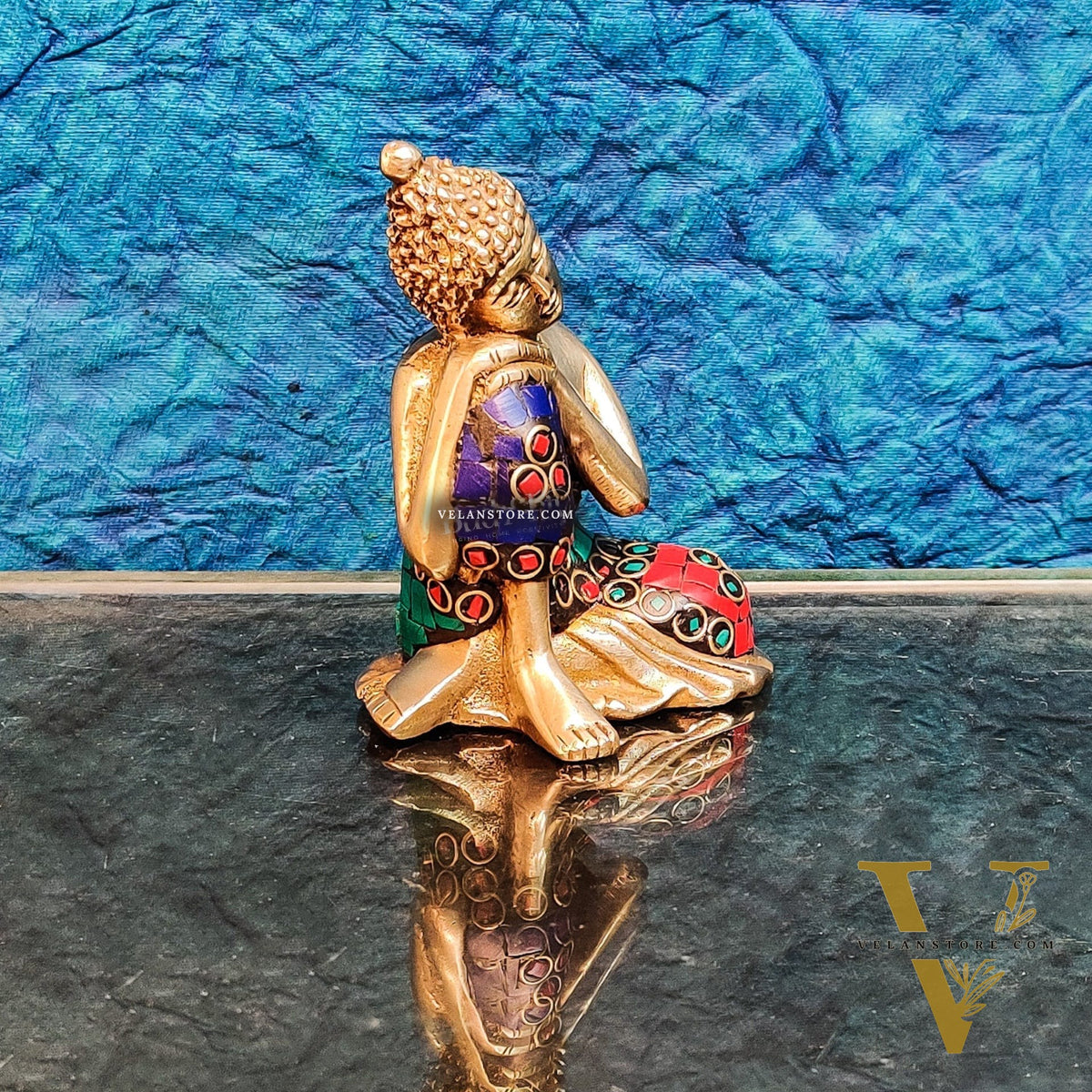 Handcrafted Brass Thinking Buddha Statue | Meenakari Stonework | 4" x 3" x 2.5
