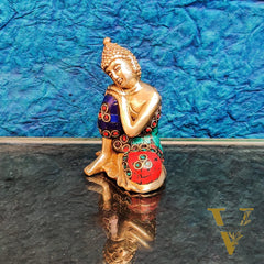 Handcrafted Brass Thinking Buddha Statue | Meenakari Stonework | 4" x 3" x 2.5