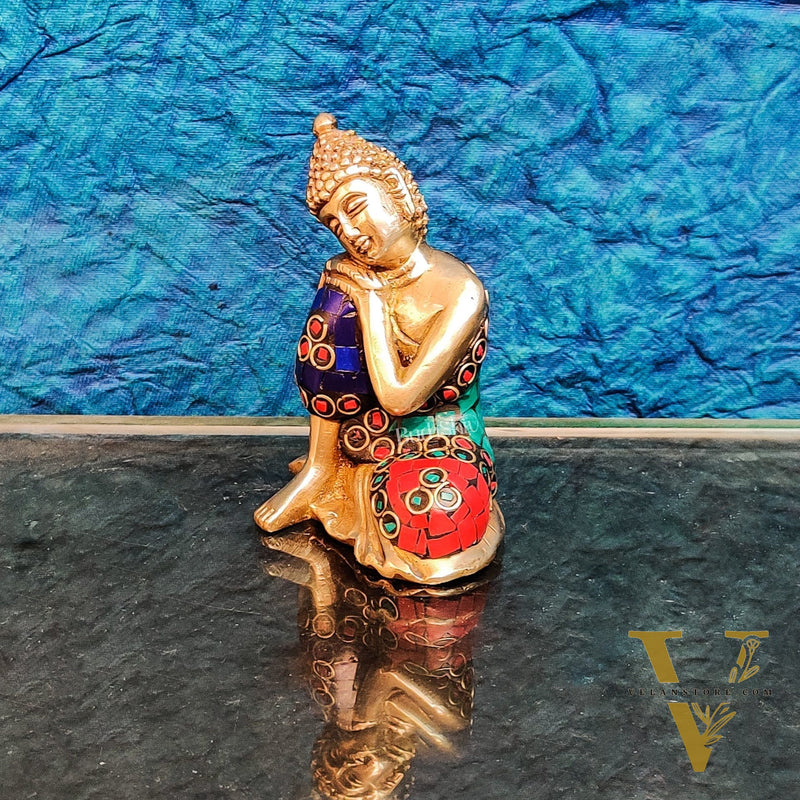 Handcrafted Brass Thinking Buddha Statue | Meenakari Stonework | 4" x 3" x 2.5